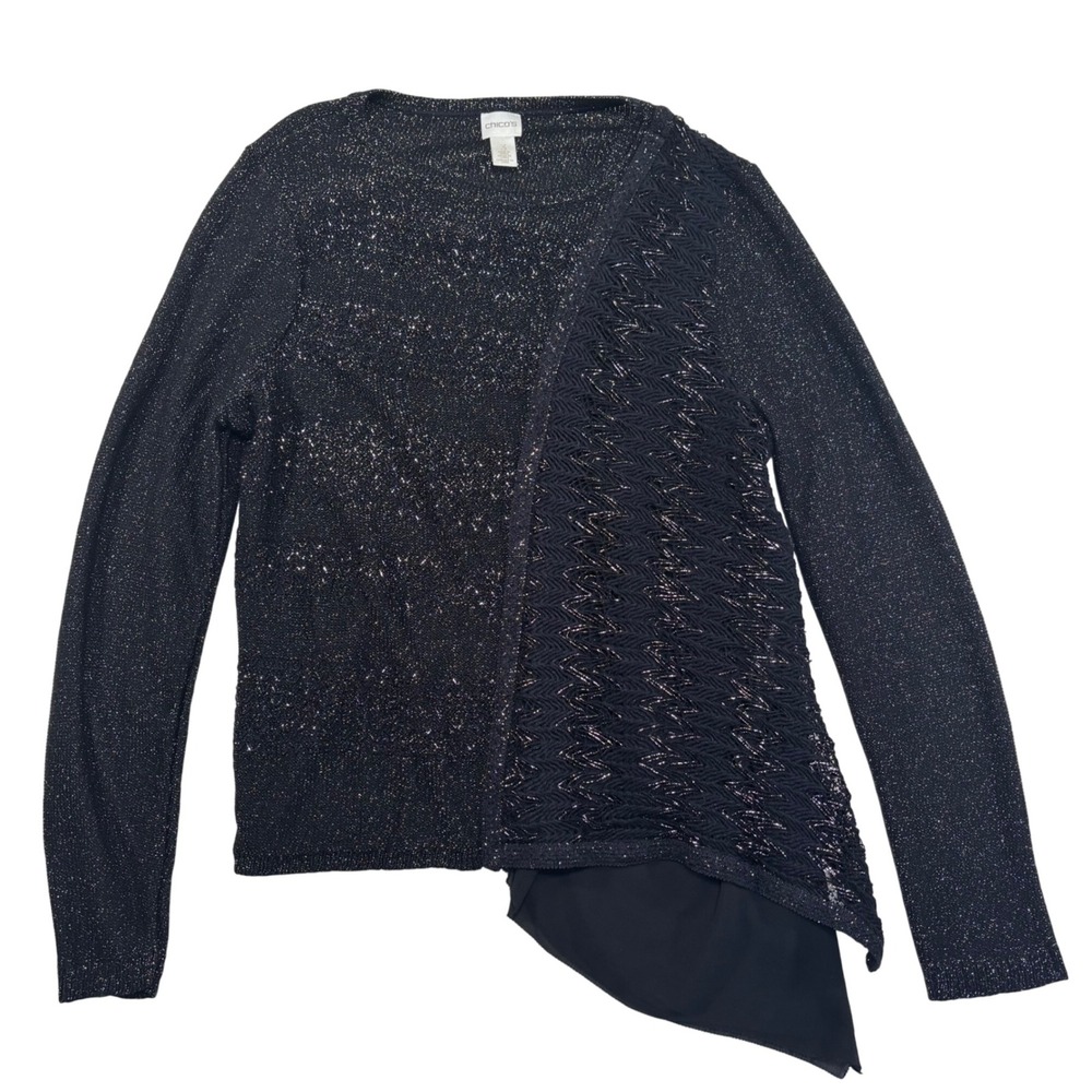 Chicos Black Metallic Sparkle Knit Asymmetrical Hem Layered Tunic Sweater Sz 3XL